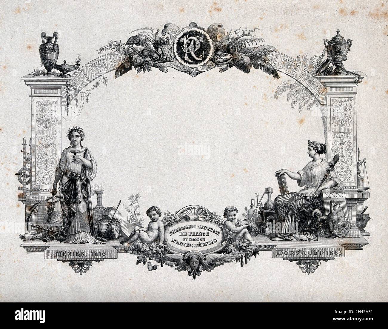 Pharmazeutischer Schnurkopf für die Pharmacie Centrale de France, der zwei klassische Figuren und zwei Putti unter einem klassischen Bogen zeigt. Radierung von Dorvault nach Menier, 1852. Stockfoto
