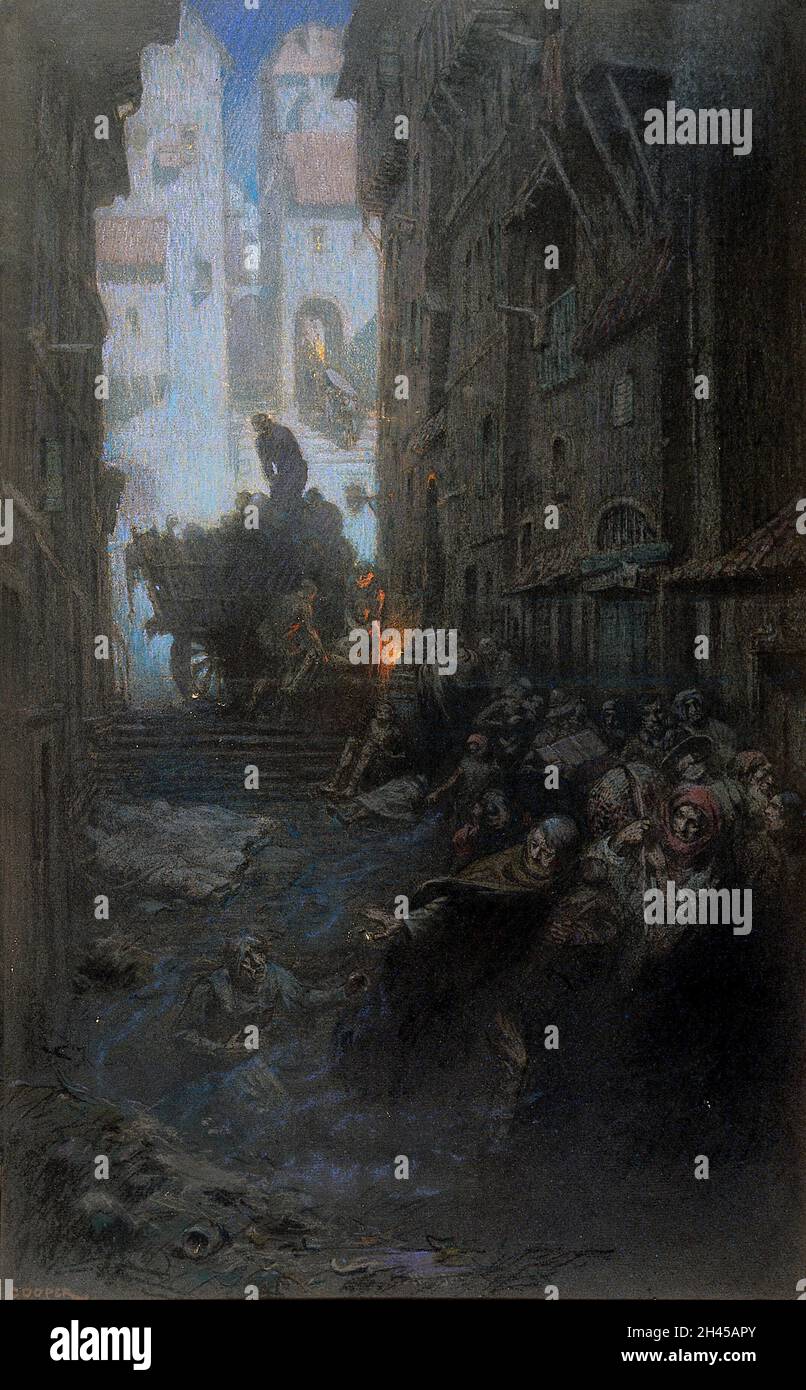 Überfüllte dunkle Straßen voller toter und sterbender Menschen, Leichen werden auf einen Wagen geladen, der die Cholera darstellt. Aquarell von R. Cooper. Stockfoto