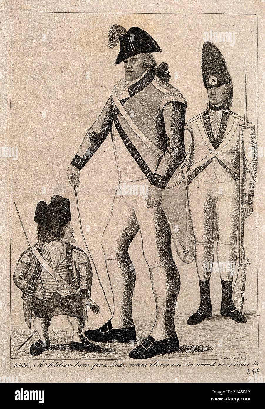 Samuel McDonald, ein Riese, und George Cranstoun, ein Zwerg, mit einem dritten Mann normaler Größe. Radierung von J. Kay. Stockfoto