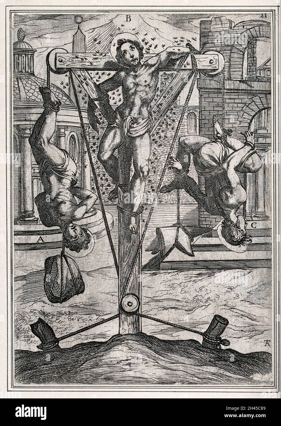 Martyrium von drei männlichen Heiligen auf einem aufwendigen Gerüst. Radierung von A.T. [A. Tempesta] (?). Stockfoto