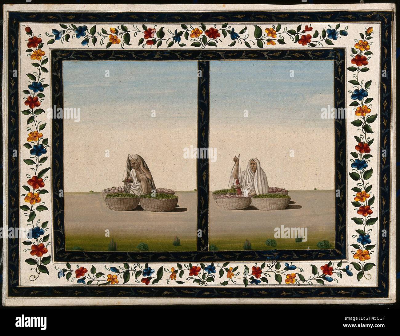 Ein männlicher und weiblicher Gemüseverkäufer, der Gemüse wägt. Gouache-Gemälde eines indischen Künstlers. Stockfoto Ein männlicher und weiblicher Gemüseverkäufer, der Gemüse wägt. Gouache-Gemälde eines indischen Künstlers. Stockfoto