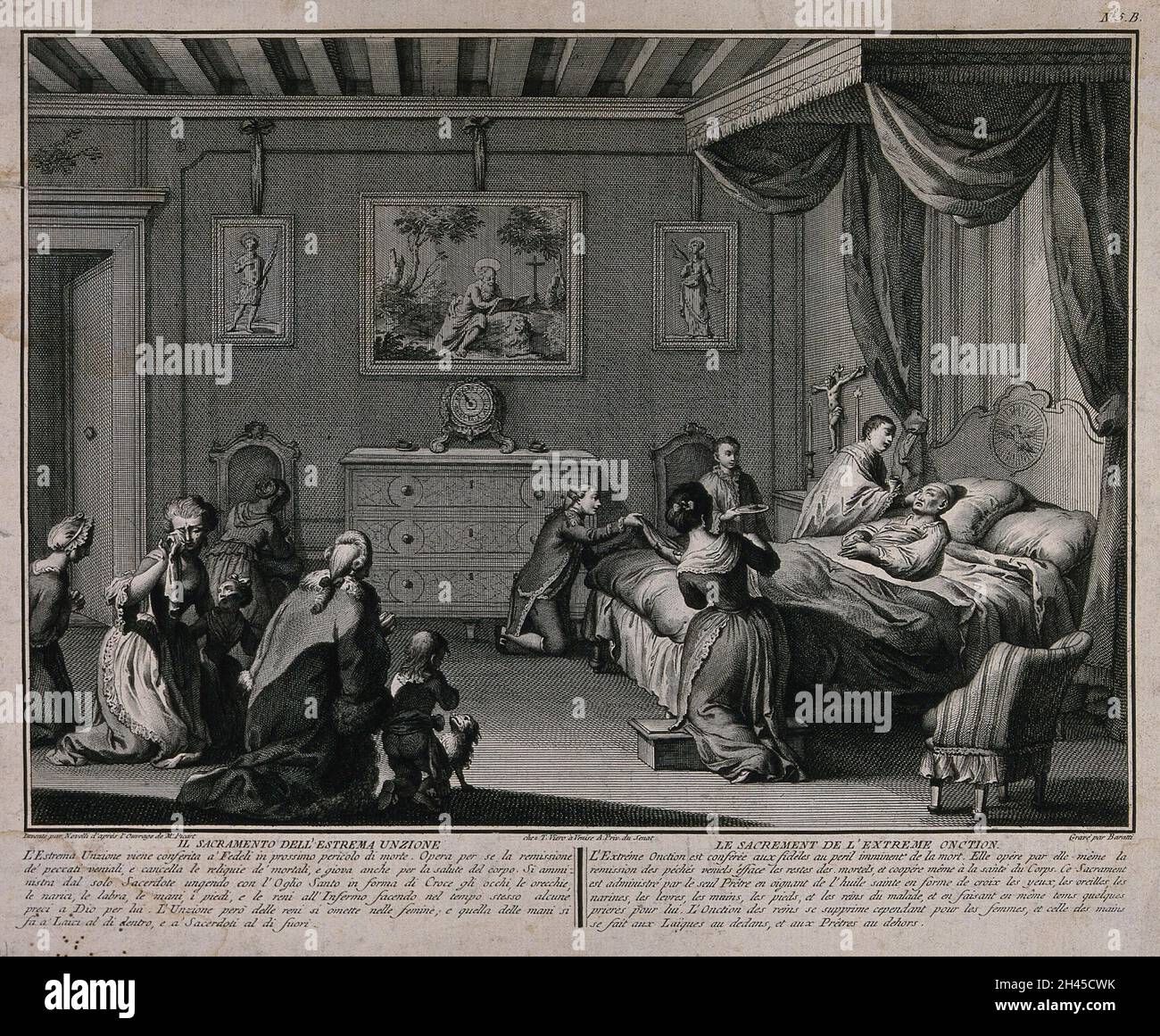 Ein sterbender Mann, der extreme Salbung von einem Priester erhält, während er von Dienern und seiner trauernden Familie umgeben ist. Radierung von A. Baratti nach A. Novelli nach B. Picart. Stockfoto