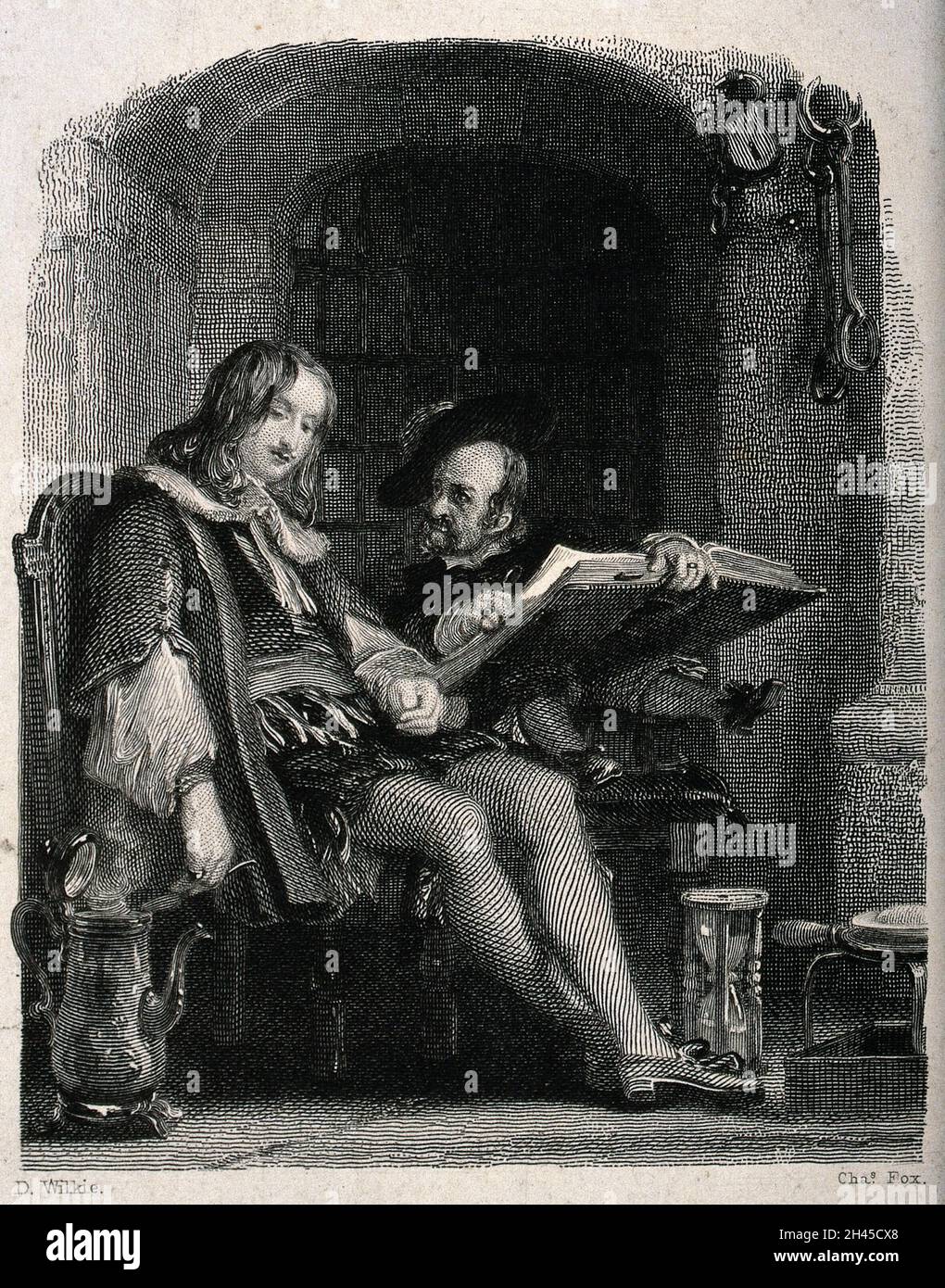 Der Zwerg Jeffrey Hudson sitzt auf einem Tisch und liest Julian Peveril ein großes Buch vor. Stich von Charles Fox nach David Wilkie. Stockfoto