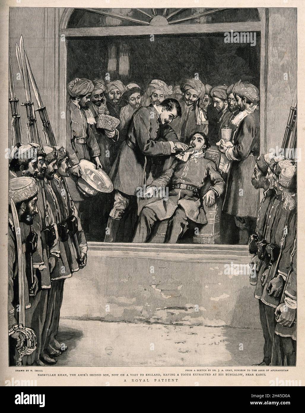 Nashrullah Khan (Sohn des Amir von Afghanistan), der vor den Soldaten der Armee seines Vaters einen Zahn abgesaugt hat. Holzstich nach W. Small nach J.A. Grau. Stockfoto