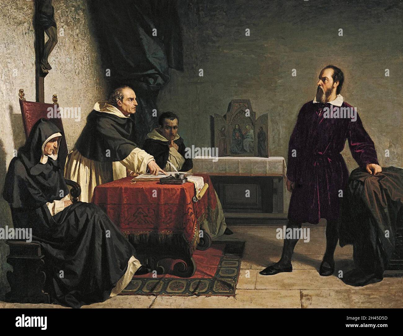 Der italienische Physiker und Astronom Galileo Galilei vor der römischen Inquisition, beschuldigt der Häresie wegen seiner Vermutung, dass die Sonne im Zentrum des Sonnensystems sei Stockfoto