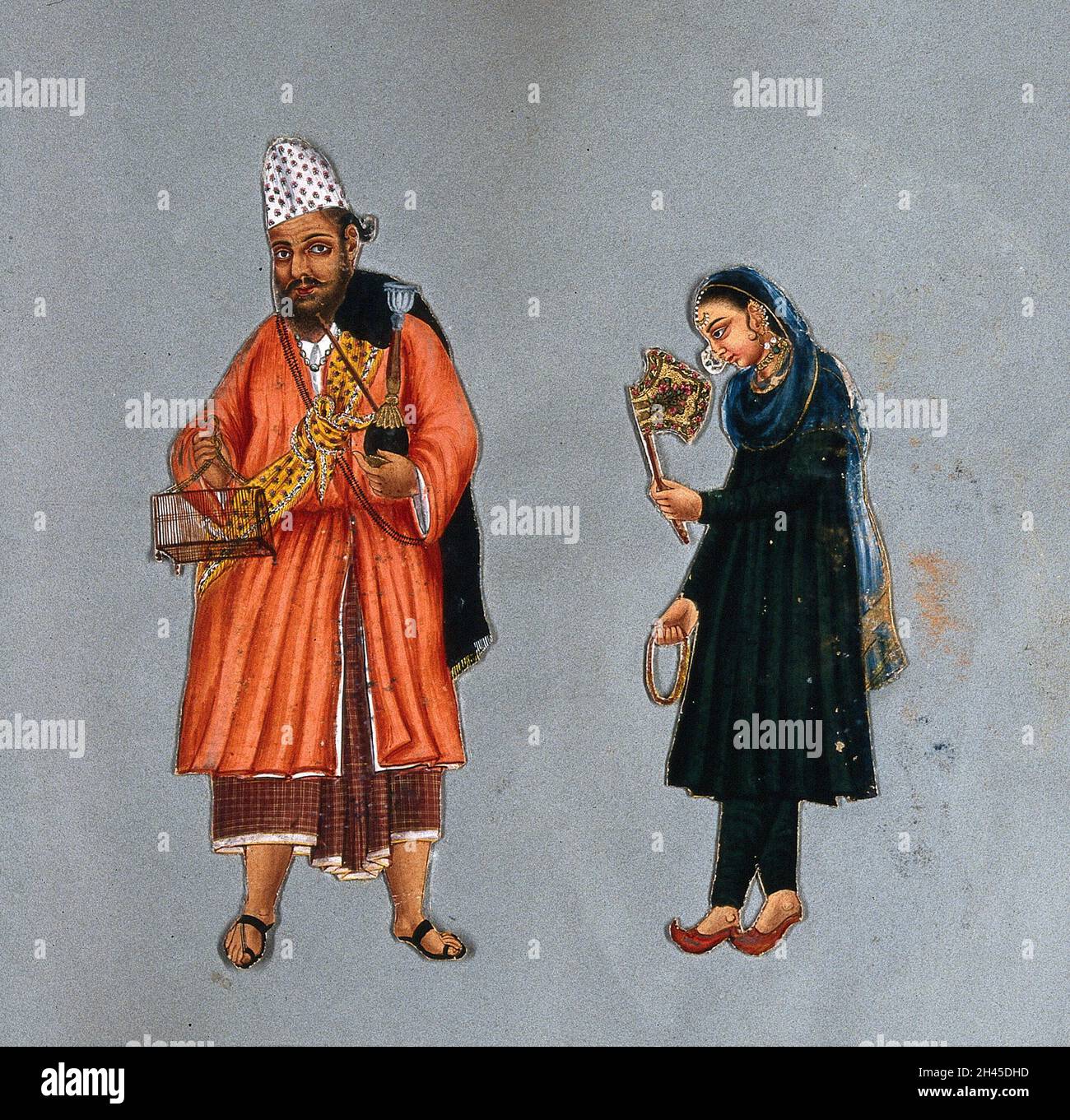 Ein Fakir-Mann und eine Frau aus Südindien. Gouache malen. Stockfoto
