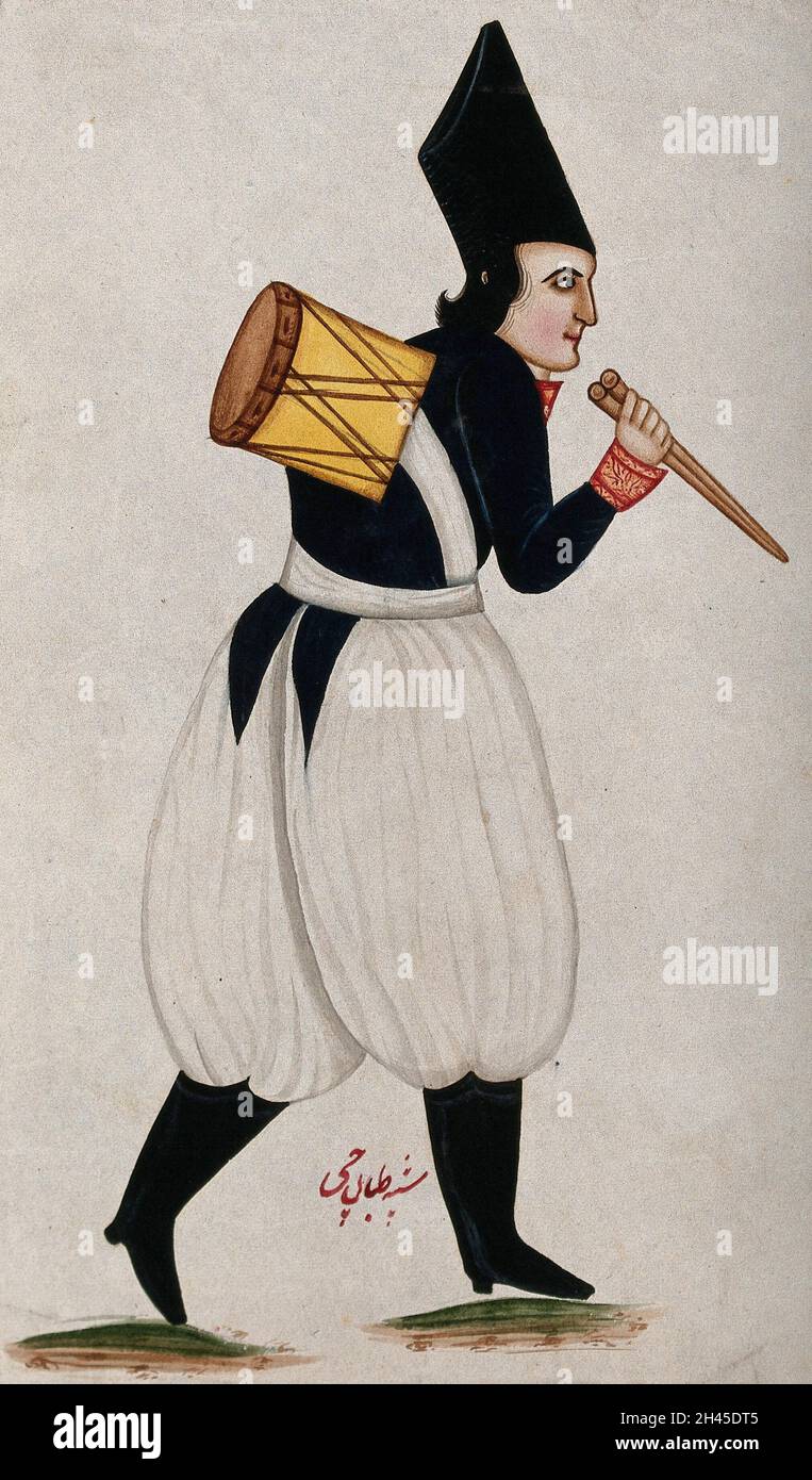 Ein persischer Militärtrommler. Gouache Gemälde von einem persischen Künstler, Qajar Periode. Stockfoto