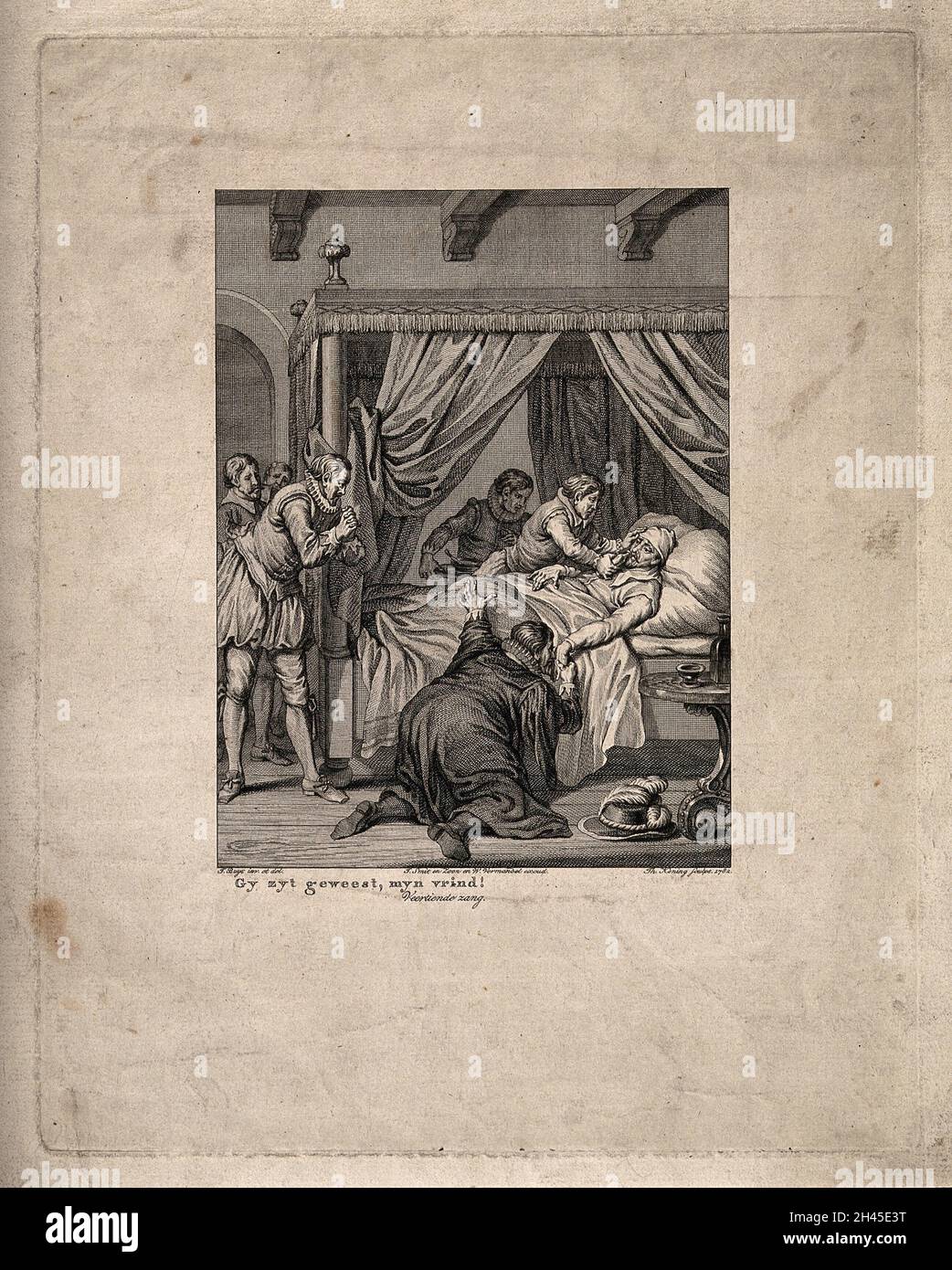 Ein sterbender Mann in seinem Bett, umgeben von betenden traurigen Gestalten. Linienstich von T. Koning, 1782, nach J. Buys. Stockfoto