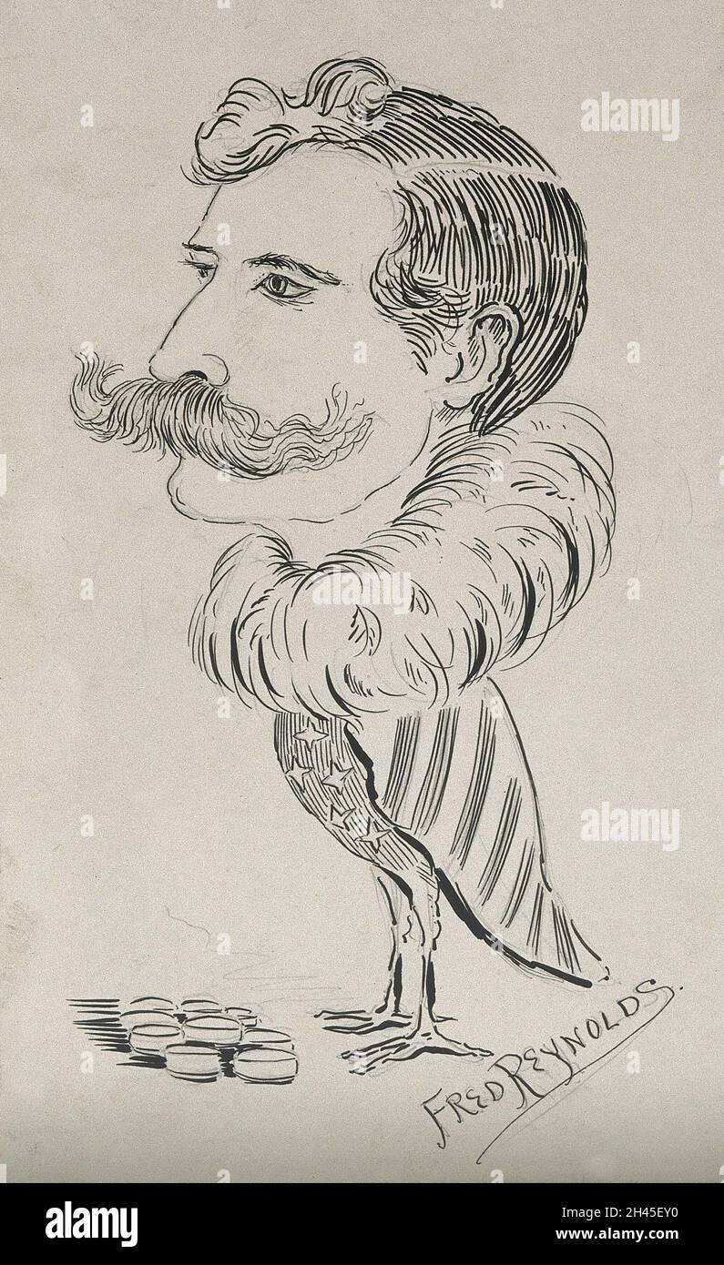 Henry Solomon Wellcome. Federzeichnung mit Bleistiftzeichnung von F. Reynolds, 1900. Stockfoto