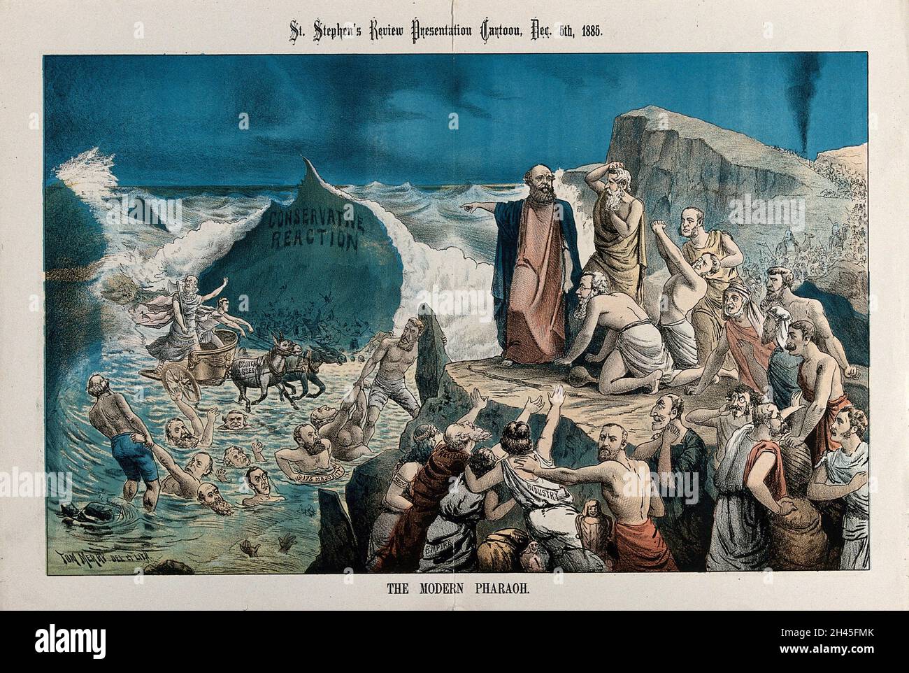 Moses trennt sich vom Roten Meer: Britische Politiker haben dargestellt, wie sie im Meer ertrinken. Lithographie von Tom Merry, 5. Dezember 1885. Stockfoto