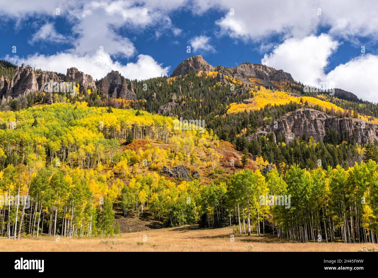 Eine steinige Berglinie oberhalb von Aspens im Frühherbst im Uncompahgre National Forest östlich des Owl Creek Pass, Colorado Stockfoto