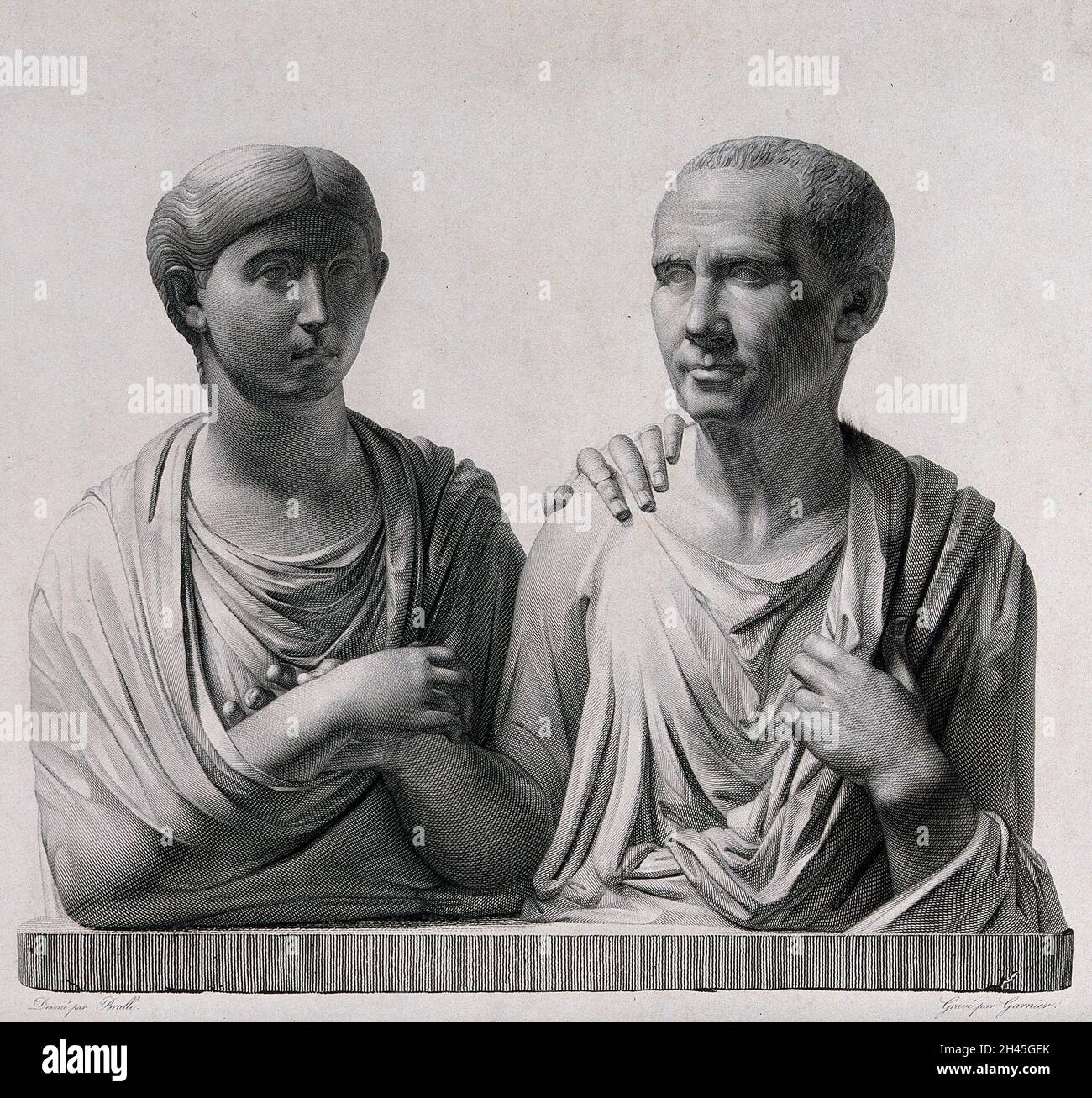Römische Porträtbüsten von Frau und Ehemann. Linienstich mit Radierung von H.L. Garnier nach J.M.N. Bralle. Stockfoto