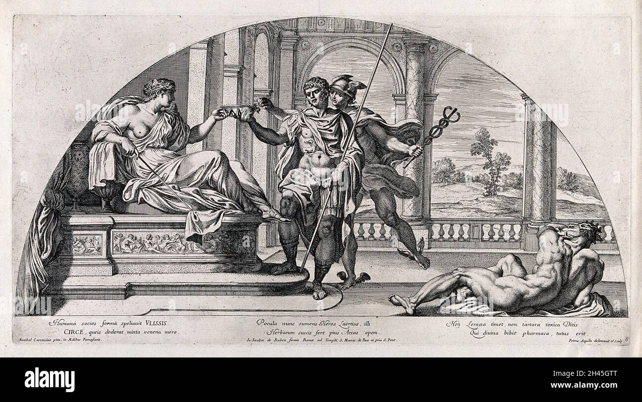 Circe, Ulysses [Odysseus] und Merkur [Hermes]. Radierung von P. Aquila nach Annibale Carracci. Stockfoto