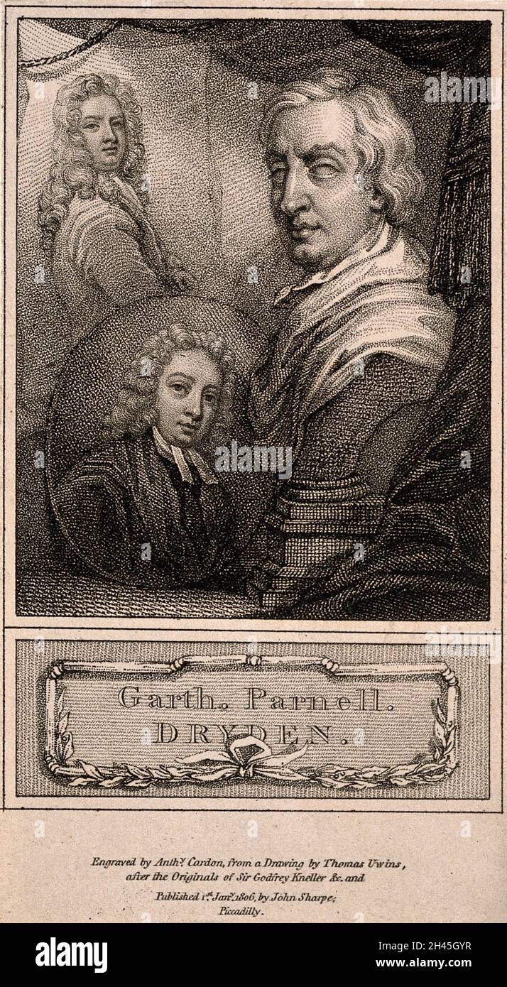 John Dryden, Samuel Garth und Thomas Parnell. Stich von A. Cardon nach Sir G. Kneller, T. Uwins und P. Scheemakers (?). Stockfoto