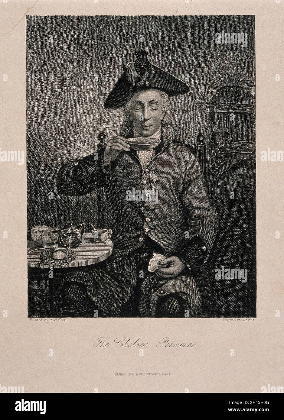 Ein Rentner aus Chelsea, der einen Zweig Orangenblüte trägt [?] In seinem Knopfloch, ein Gericht Tee schlürfend. Stich von J. Jenkins nach M. W. Sharp. Stockfoto