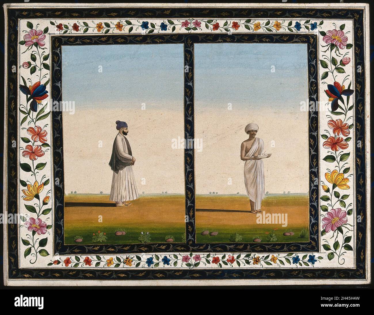 Zwei indische Männer: (Links) mit einem mauvischen Turban, im Profil rechts, und (rechts) mit Geflügel auf einer Keramikschale. Gouache-Gemälde eines indischen Künstlers. Stockfoto Zwei indische Männer: (Links) mit einem mauvischen Turban, im Profil rechts, und (rechts) mit Geflügel auf einer Keramikschale. Gouache-Gemälde eines indischen Künstlers. Stockfoto