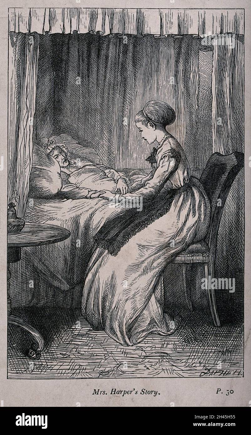 Eine junge Frau, die am Bett einer sterbenden Frau sitzt. Reproduktion einer Radierung. Stockfoto