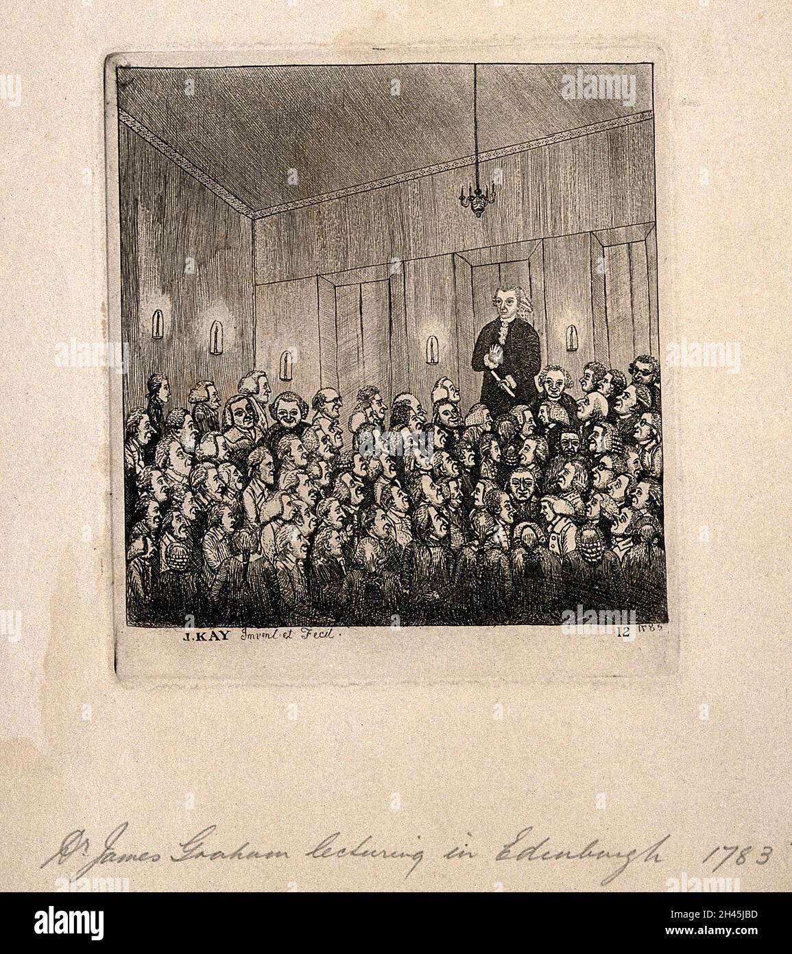 James Graham referiert von einem Podium aus vor einer Menge von Damen und Herren. Radierung von J. Kay, 1785, nach sich selbst. Stockfoto