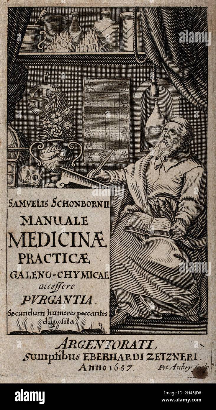 Ein medizinischer Autor saß an seinem Schreibtisch, schrieb ein Buch auf seinem Schoß. Stich von P. Aubry, ca. 1657. Stockfoto