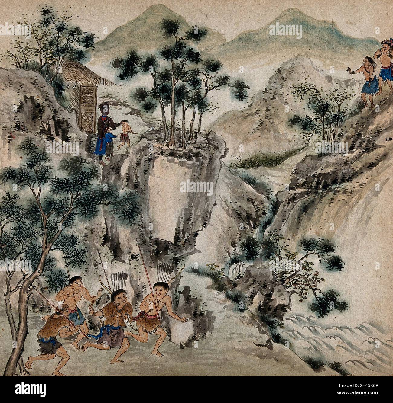 Die Aborigines jagen in einer felsigen Schlucht in Formosa. Gemälde eines taiwanesischen Künstlers aus der Zeit um 1850. Stockfoto