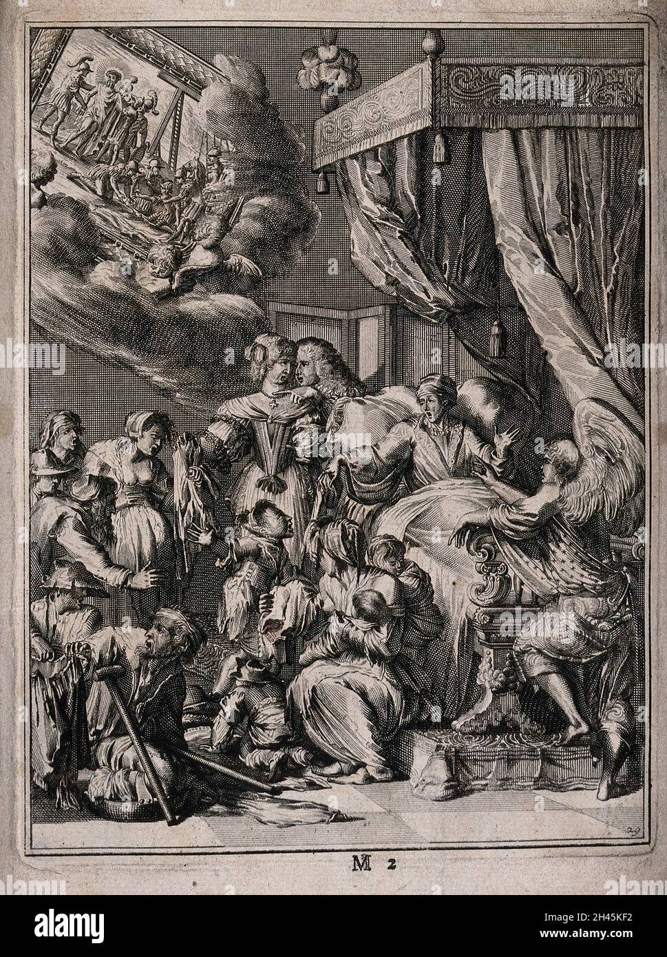 Dem Sterbenden werden arme und kränkliche Menschen gezeigt. Ätzen. Stockfoto