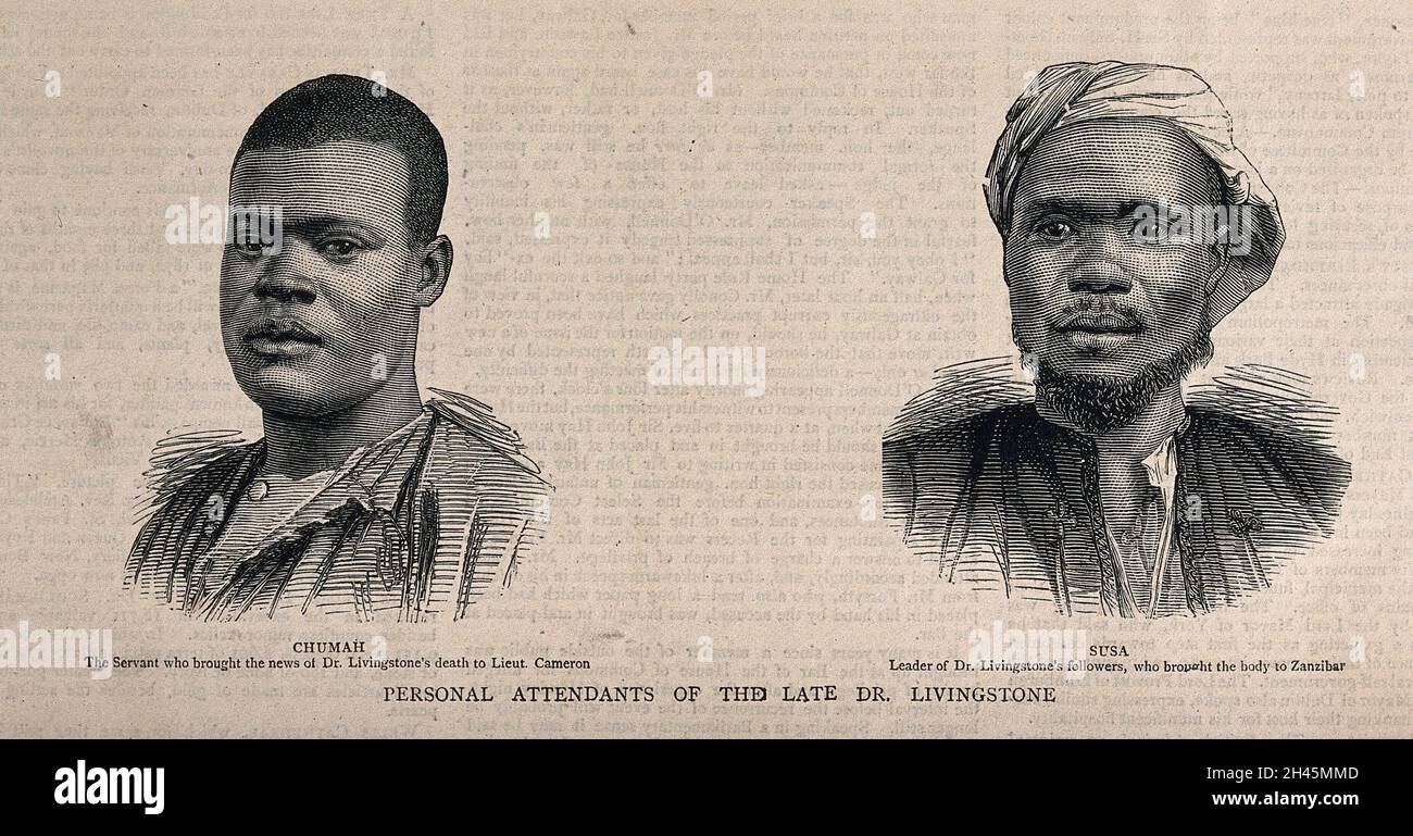 Chumah und Susah, die Diener von David Livingstone. Holzstich. Stockfoto