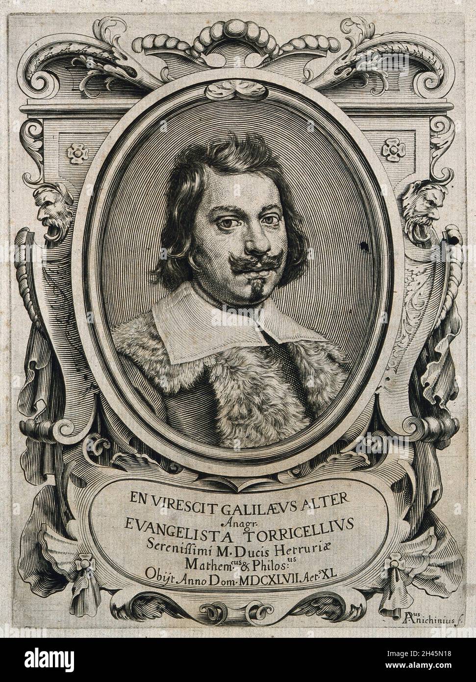 Evangelista Torricelli. Linienstich von P. Anichini. Stockfoto