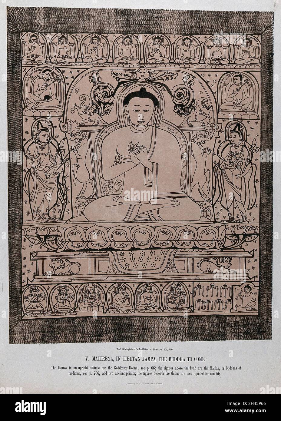 Maitreya, im tibetischen Jampa, der Buddha, der kommen wird. Chromolithographie. Stockfoto