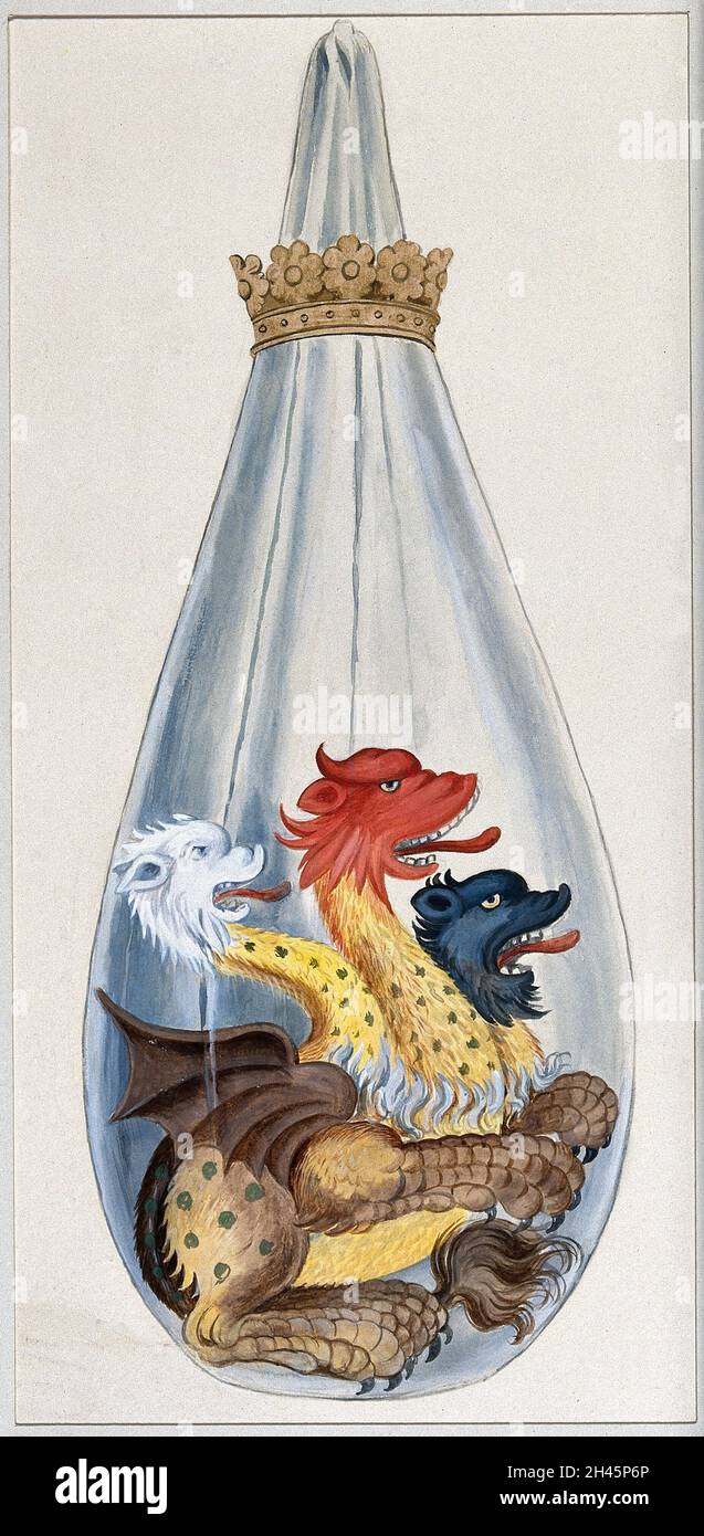 Ein dreiköpfiger Ungeheuer in einem alchemistischen Kolben, der die Zusammensetzung des alchemistischen Stein der Weisen darstellt: Salz, Schwefel und Quecksilber. Aquarellmalerei. Stockfoto