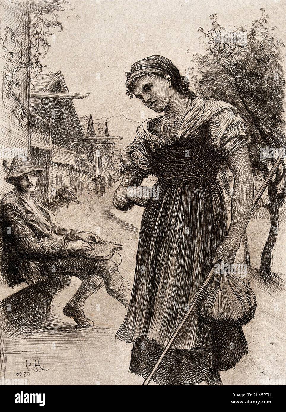 Ein junger Mann sitzt auf einer Bank in einer bayerischen Straße und spielt die Zither, während er einer jungen Frau zuschaut, wie sie vorbeigeht. Radierung von Hubert Herkomer. Stockfoto