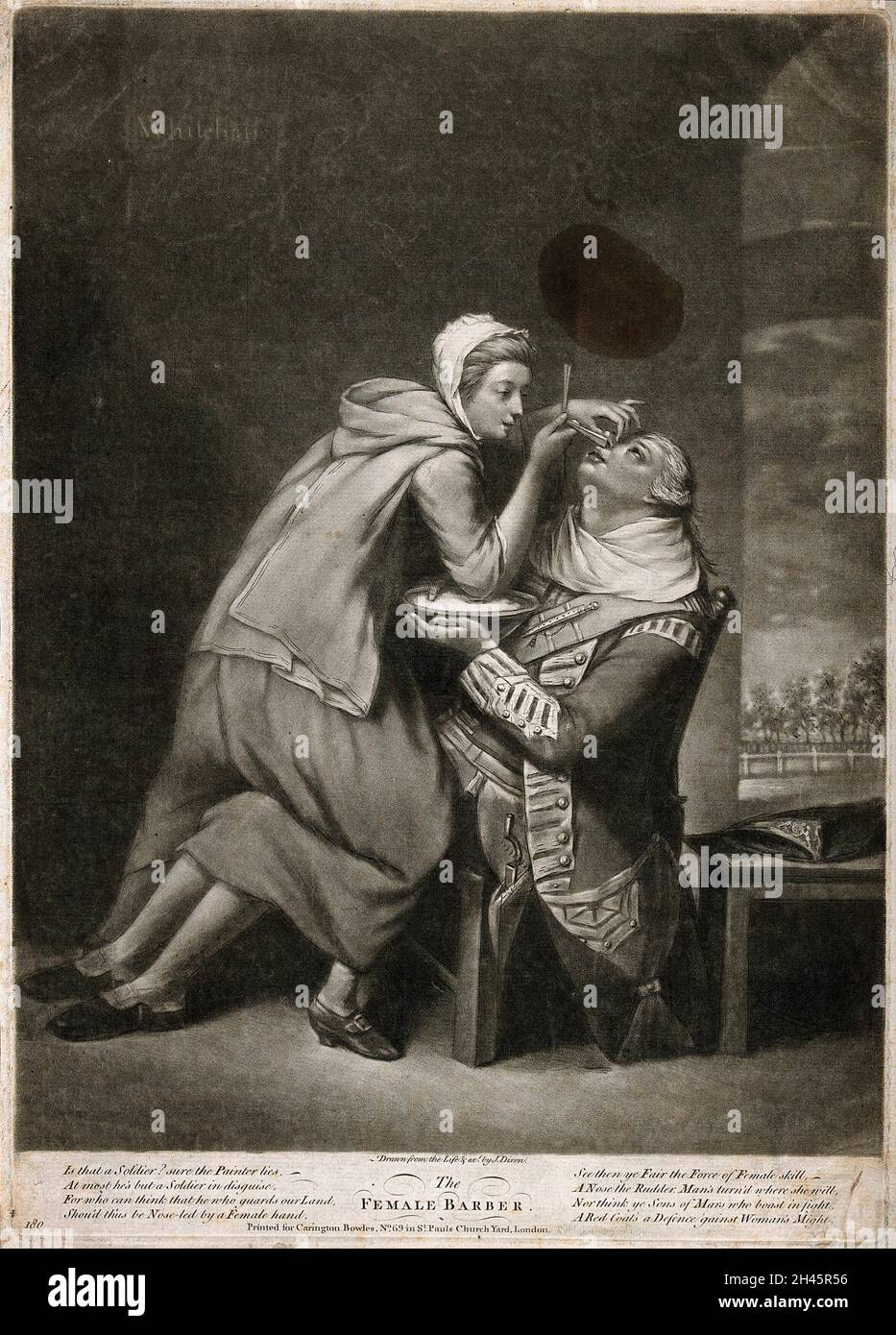 Eine Barbierin, die einen Soldaten rasiert. Mezzotint von J. Dixon nach sich selbst. Stockfoto