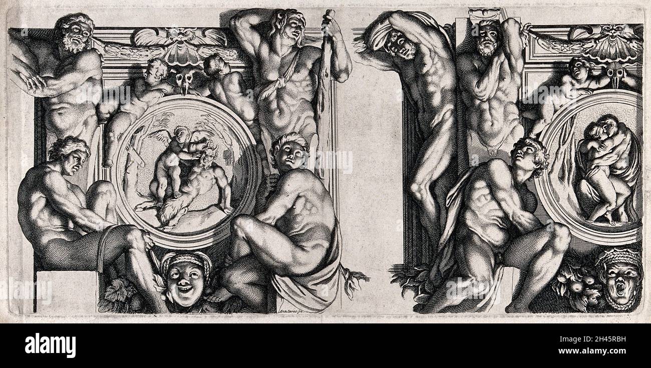 Pan und Eros; Salmacis und Hermaphroditus machen Liebe. Radierung nach Annibale Carracci. Stockfoto