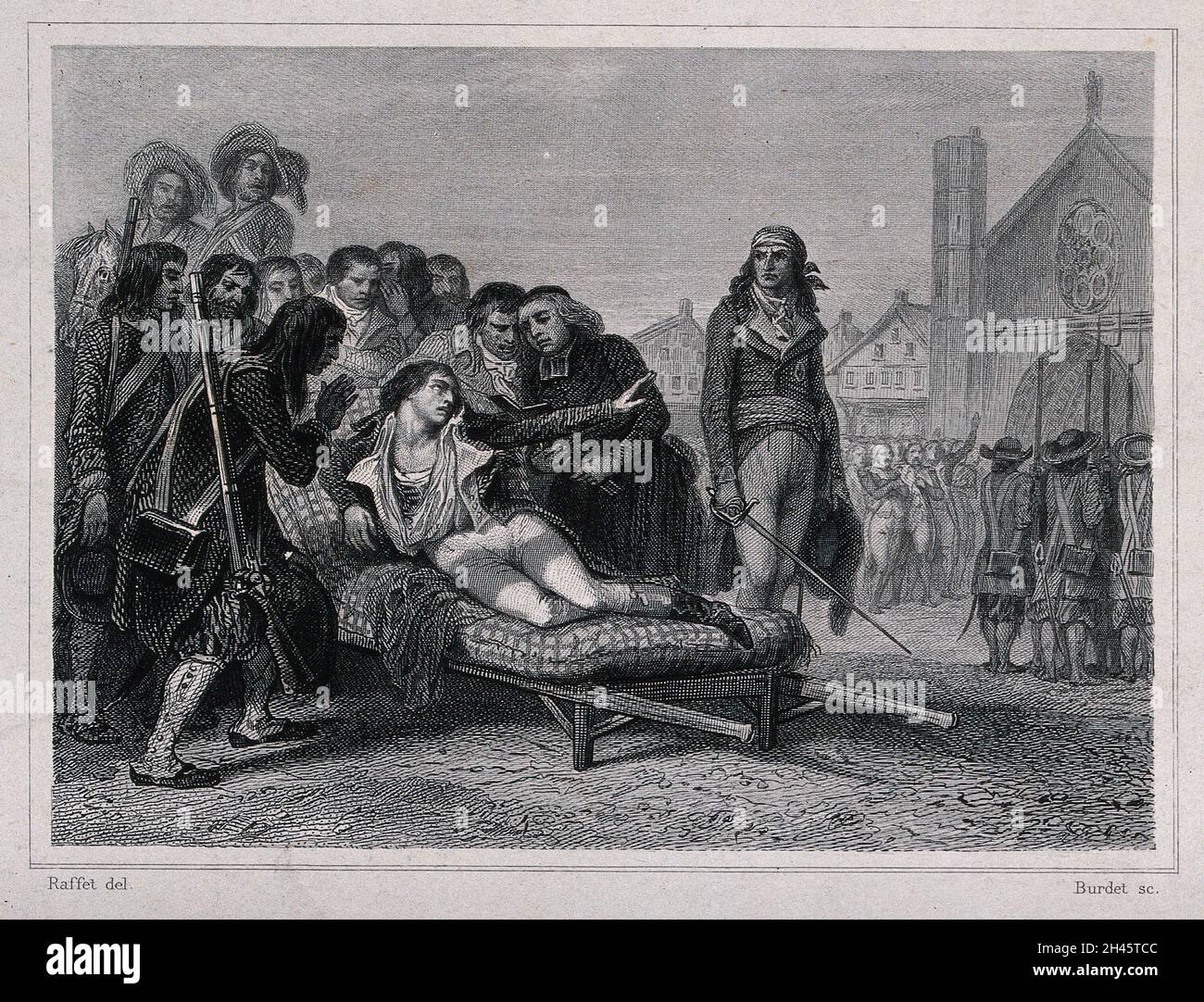 Ein sterbender Soldat (Bonchamp), der auf einem Lagerbett liegt und von einem Priester gepflegt wird. Radierung von A. Burdet nach A. Raffet. Stockfoto