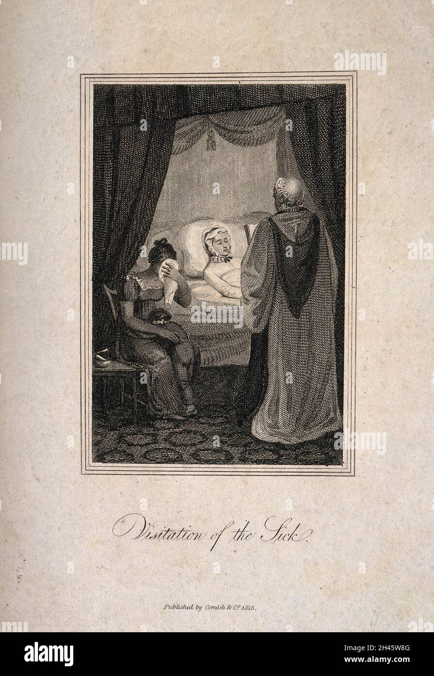 Eine junge Frau, die von einem Mitglied des Klerus besucht wird, während eine andere Frau neben ihr weint. Liniengravur, 1813. Stockfoto