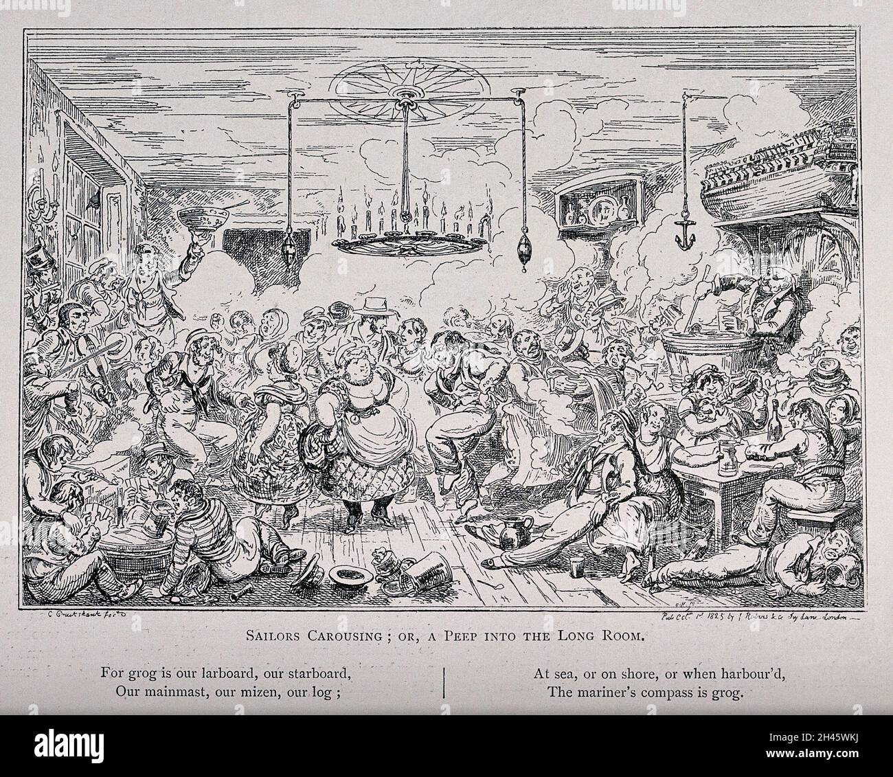 Betrunkene Seeleute umrunden einen Tisch, jubeln und werfen ihre Hüte in die Luft, während ein Mann mit einem hölzernen Bein von der Schlacht am Nil erzählt. Reproduktion einer Radierung von C. H., c. 1825, nach G. Cruikshank. Stockfoto