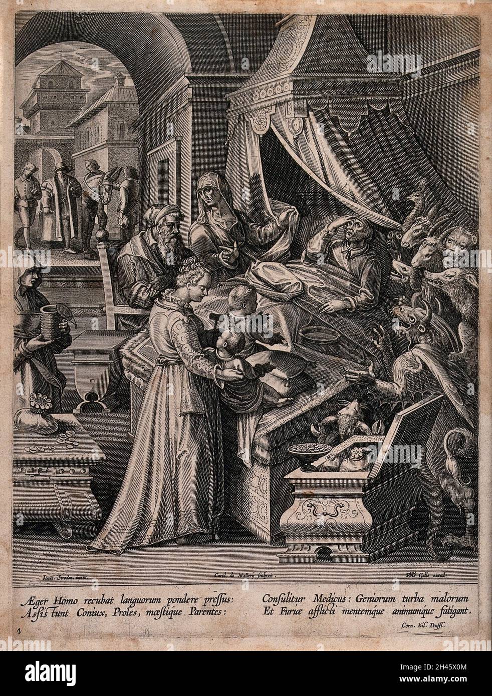 Ein sterbender Mann im Bett ist von Zuschauern und Dämonen umgeben. Radierung von Karel van Mallery nach Jan van der Straet. Stockfoto