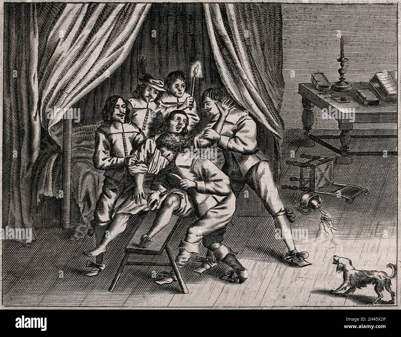 Ein Mann wird von vier Männern in einer Schlafkammer niedergehalten, während ihn ein Mann mit einem Messer kastriert. Ätzen. Stockfoto