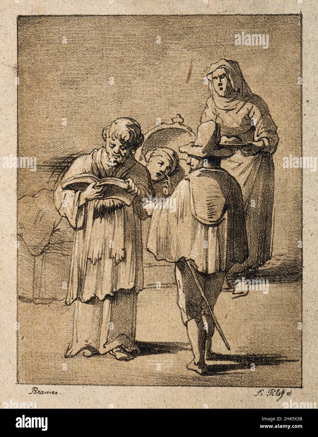 Ein sterbender Mann im Bett, der die letzten Riten gelesen hat. Lithographie von F. Piloty nach L. Bramer. Stockfoto