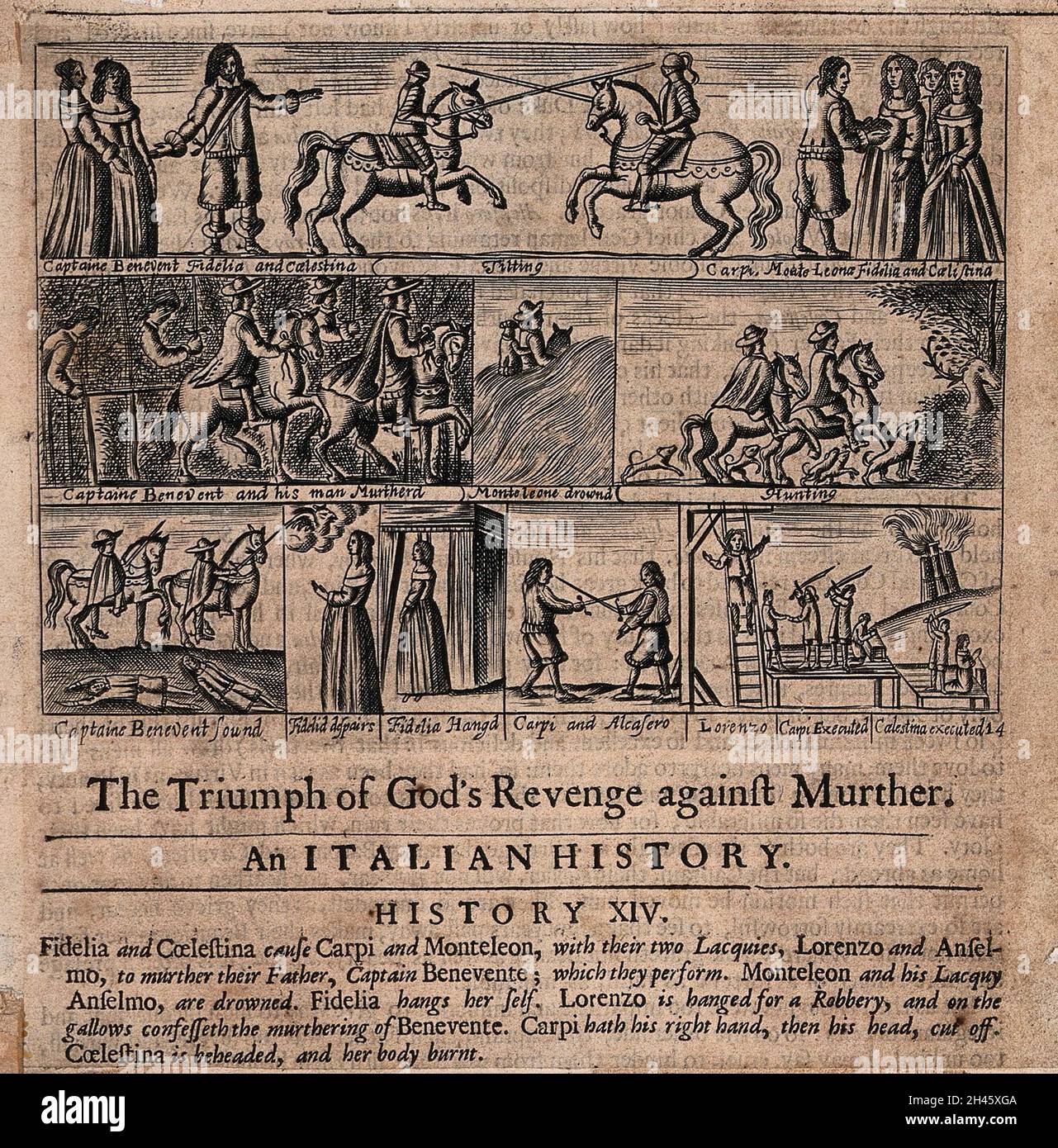 Der Mord an Kapitän Benevente und die Verschwörung und die anschließende göttliche Strafe der Straftäter. Radierung mit Gravur. Stockfoto