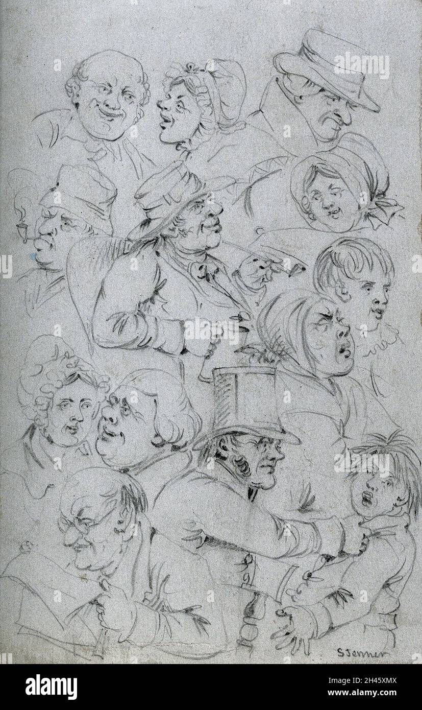 Menschliche Köpfe, männlich und weiblich, zeigen verschiedene Arten von Emotionen. Zeichnung von S. Jenner, 18--. Stockfoto Menschliche Köpfe, männlich und weiblich, zeigen verschiedene Arten von Emotionen. Zeichnung von S. Jenner, 18--. Stockfoto