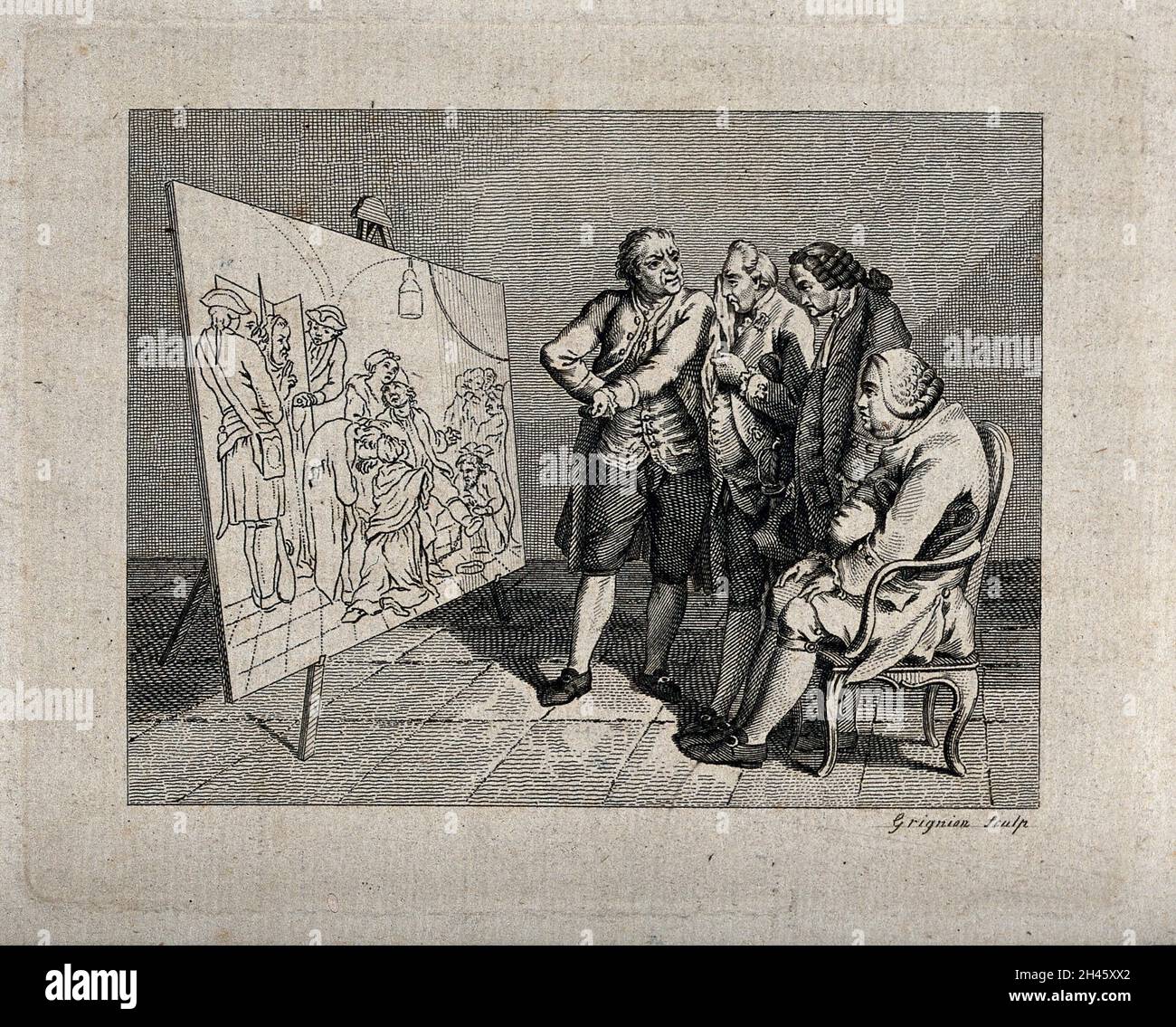 Vier männliche Figuren, die ein Gemälde eines inhaftierten Mannes studieren. Gravur von Grignion. Stockfoto Vier männliche Figuren, die ein Gemälde eines inhaftierten Mannes studieren. Gravur von Grignion. Stockfoto