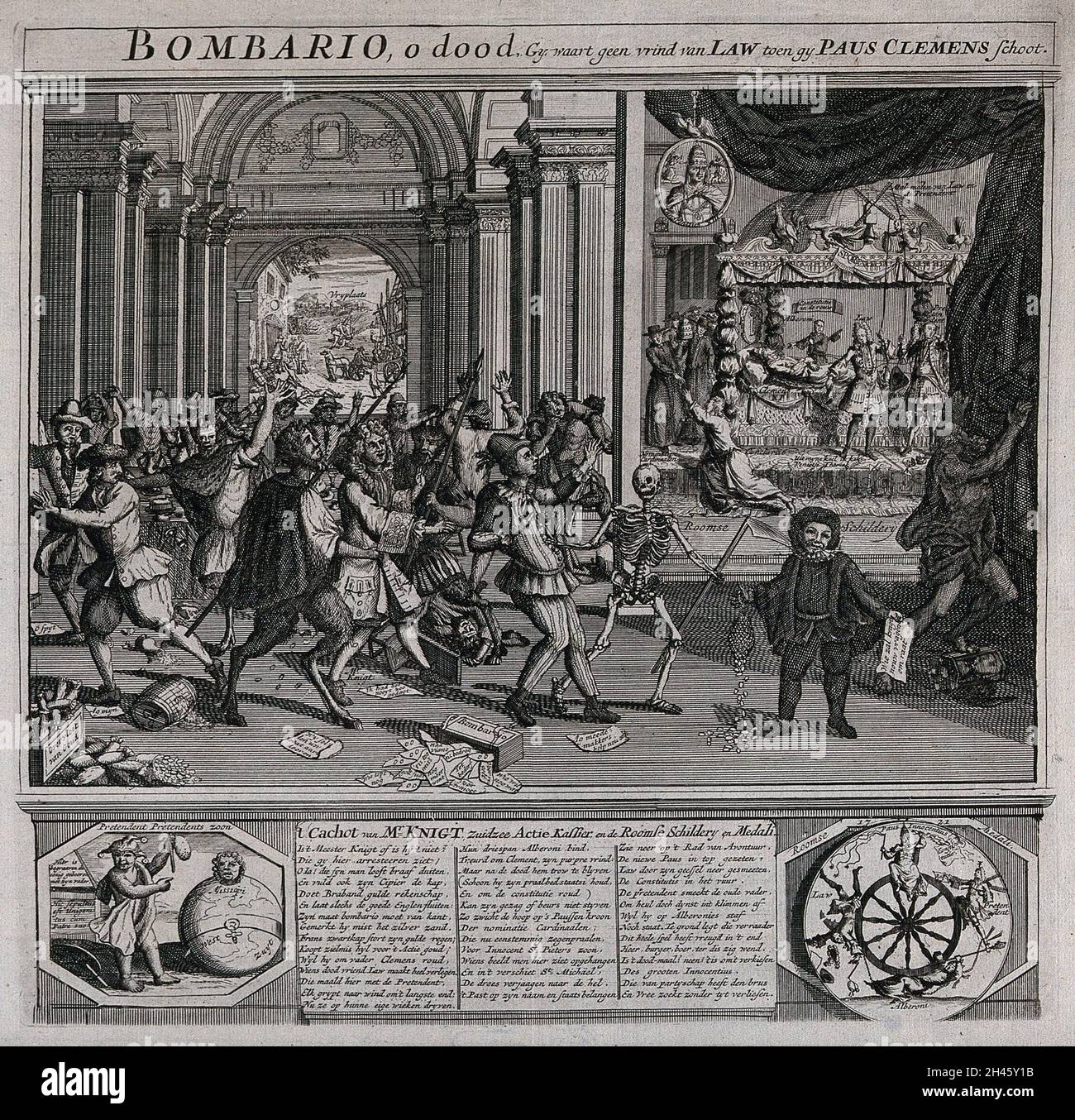 Die Bürger der Niederländischen Republik feiern den Tod von Papst Clemens XI.; sie werden von Tod und Teufel zu einem Bild geführt, das den sterbenden Clemens XI. Und den neuen Papst Innozenz XIII. Zeigt Ätzen. Stockfoto
