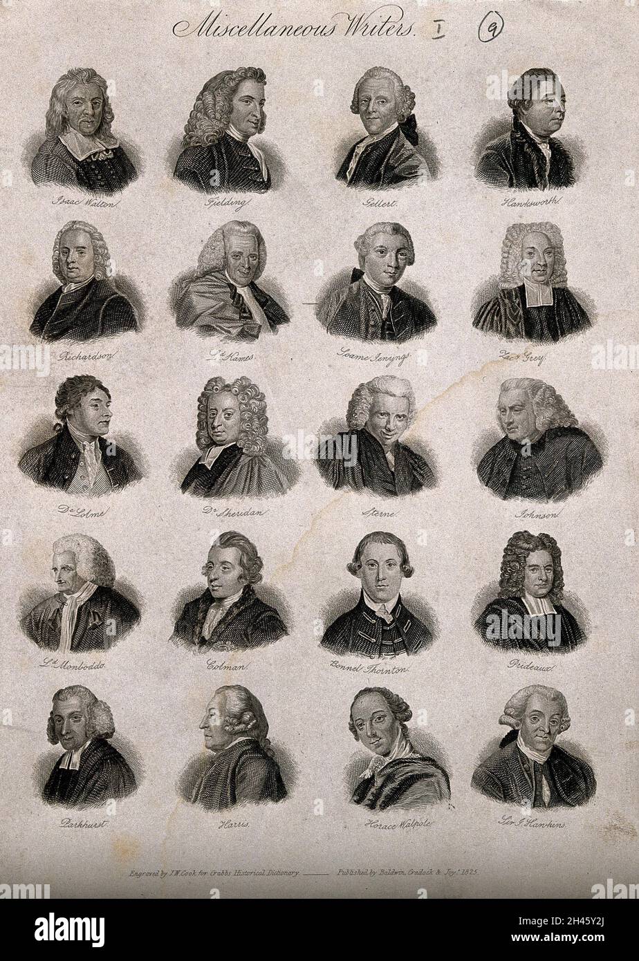 Schriftsteller: Zwanzig Porträts von Essayisten und Romanautoren. Stich von J.W. Cook, 1825. Stockfoto