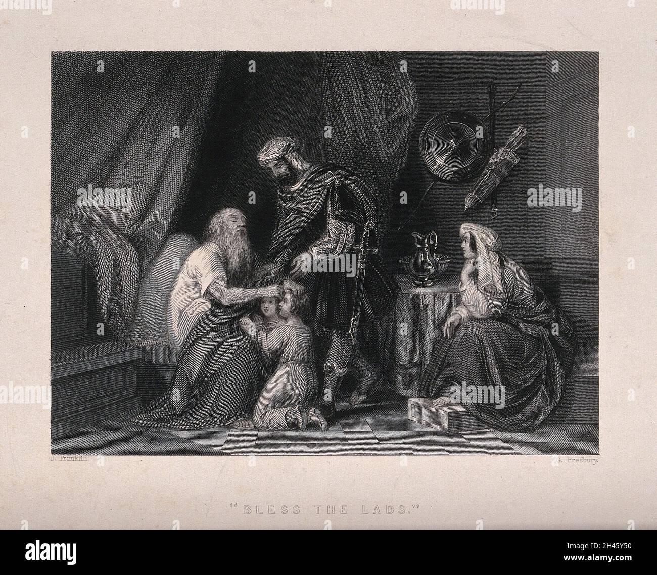 Jakob (Israel) segnet Ephraim und Manasse, beobachtet von Joseph. Stich von G. Presbury nach J. Franklin. Stockfoto