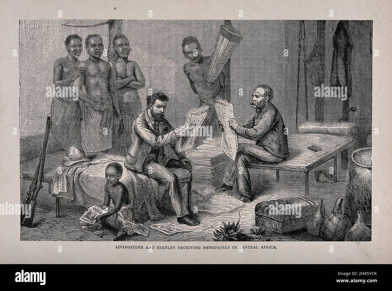 Henry Morton Stanley und David Livingstone in Zentralafrika beim Lesen britischer Zeitungen. Druck nach Pearson nach J.B. verarbeiten Zwicker. Stockfoto