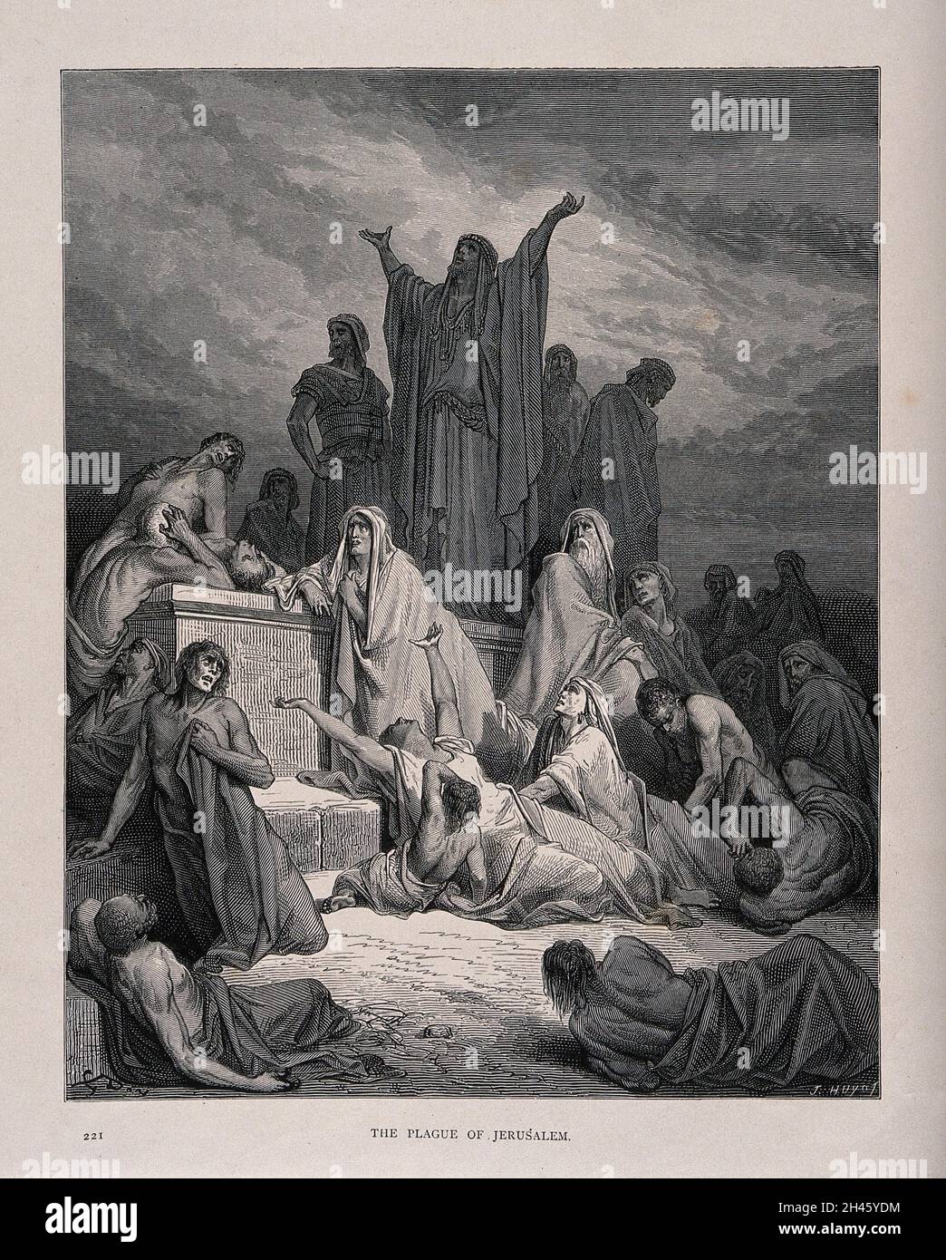 Menschen, die unter der Pest in Jerusalem leiden. Holzstich von J. Huyot nach G. Doré. Stockfoto