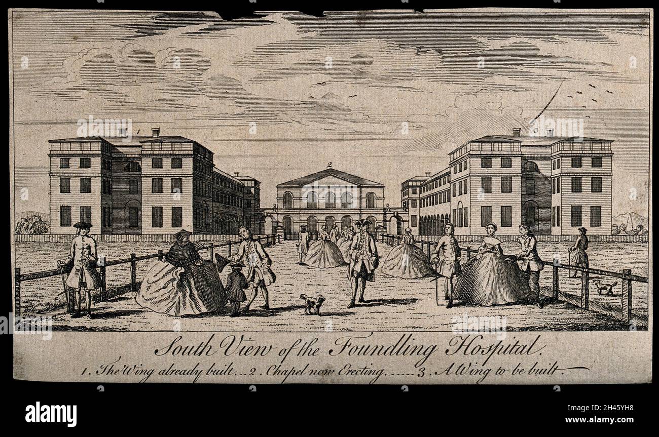 The Foundling Hospital, Holborn, London: Die Hauptgebäude, mit zahlreichen Menschen im Vordergrund. Gravur, ca. 1750. Stockfoto