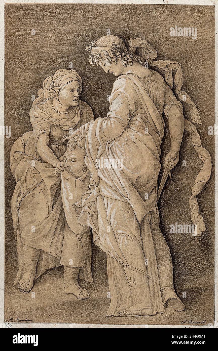 Judith steckt den Kopf von Holofernes in eine Tasche, die von ihrem Diener gehalten wird. Lithographie von N. Strixner nach A. Mantegna, 1811. Stockfoto