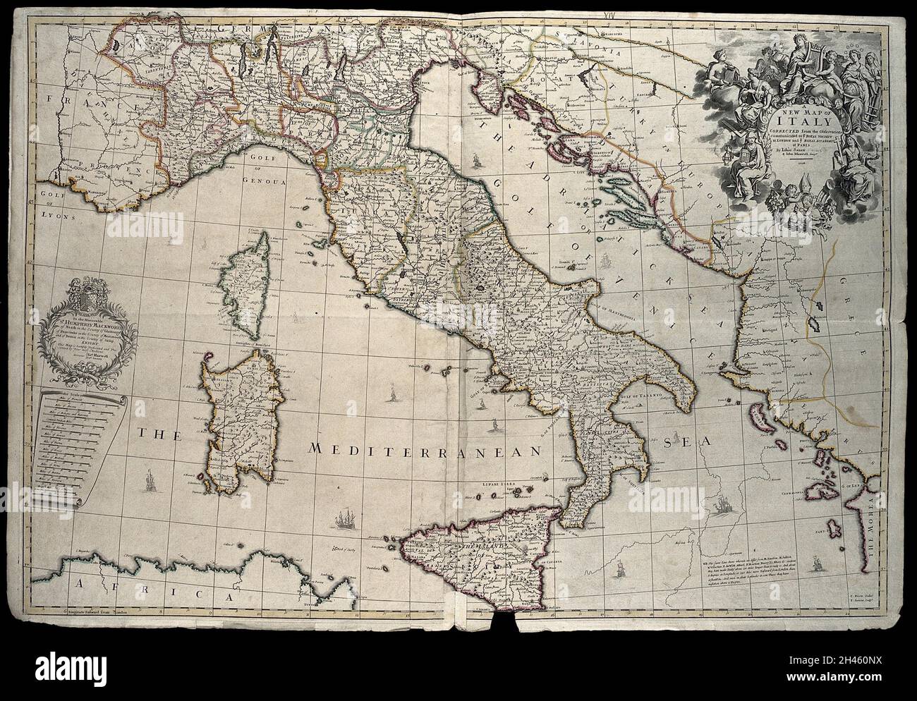 Italien: Karte. Farbstich von J. Senex, 1708, nach C. Price nach John Maxwell. Stockfoto