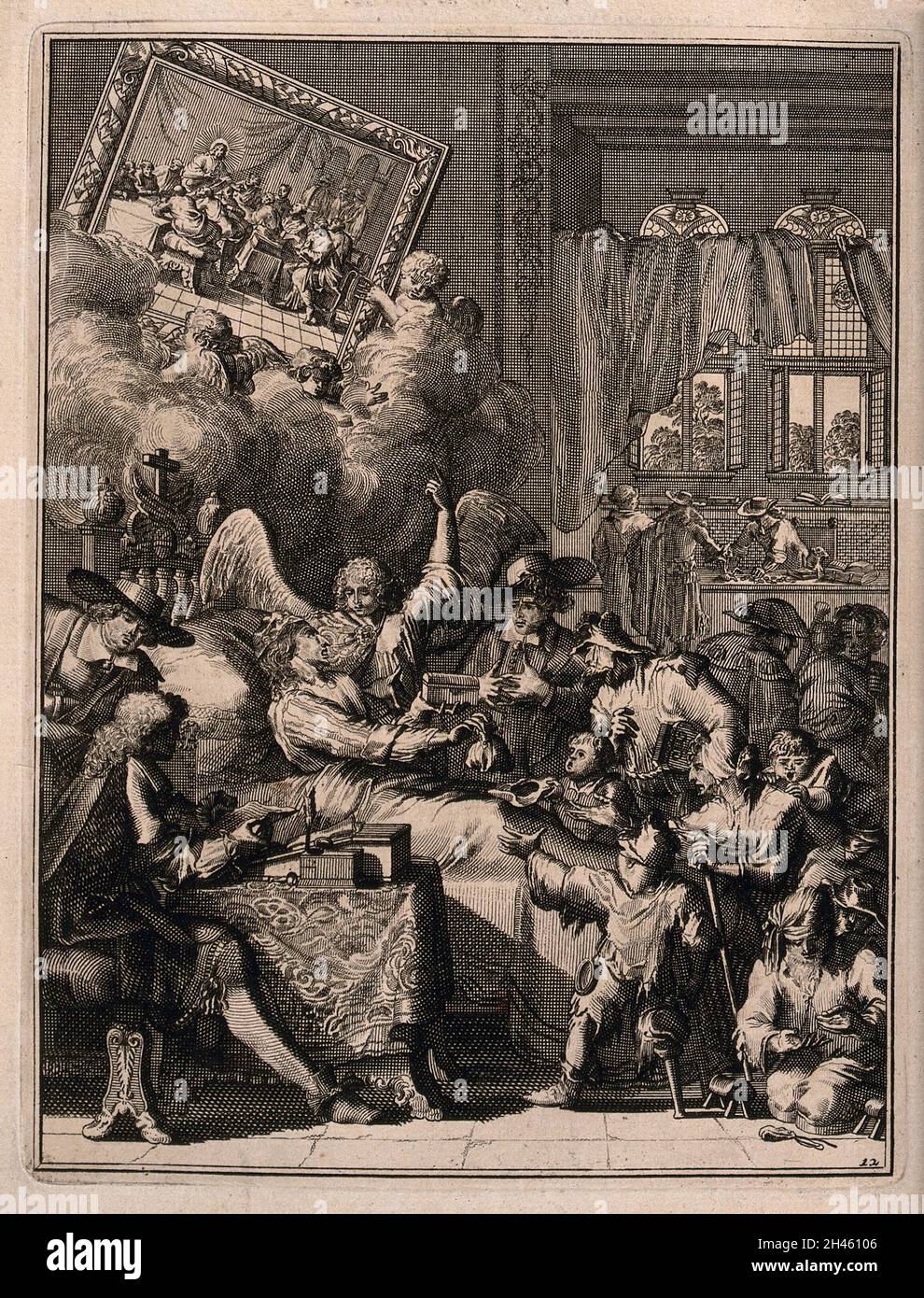 Ein sterbender Mann gibt seine weltlichen Güter auf. Ätzen. Stockfoto